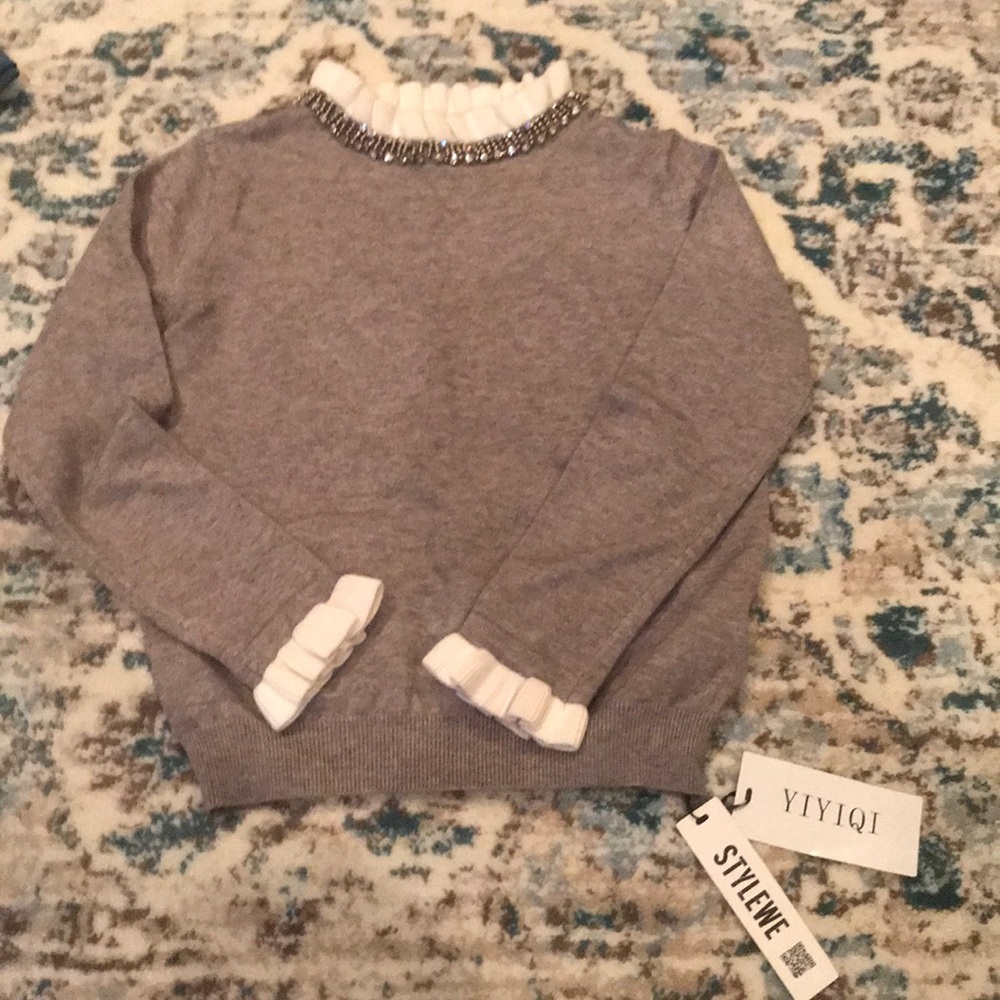 Grey sweater: jeweled neckline. Never worn